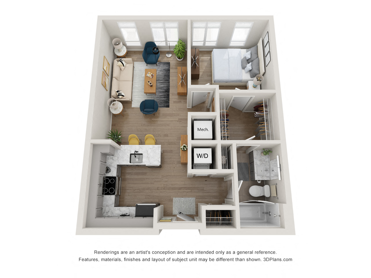 Floor plan for 1 bed, 1 bath, 628 sqft